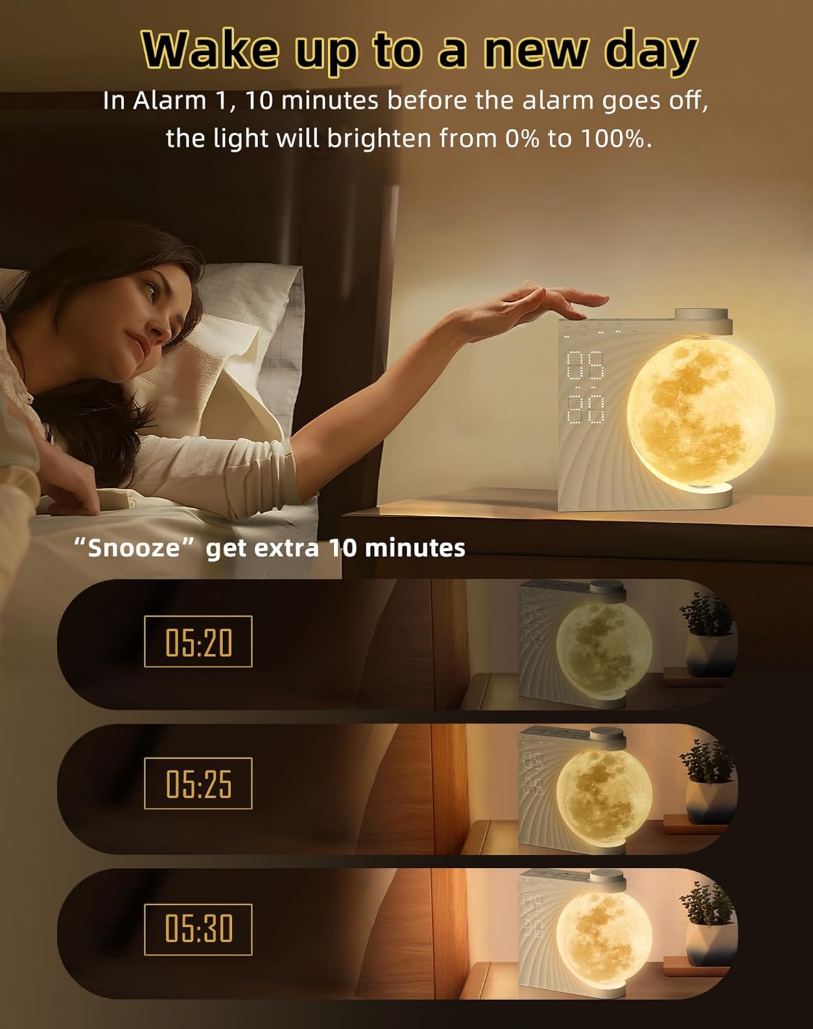 Colorful Moon Light Sunrise Alarm Clock Wake-Up Breathing Light 3-Speed Dimming Dual Alarm Sound Machine 10 Nature Sounds 8 Colors