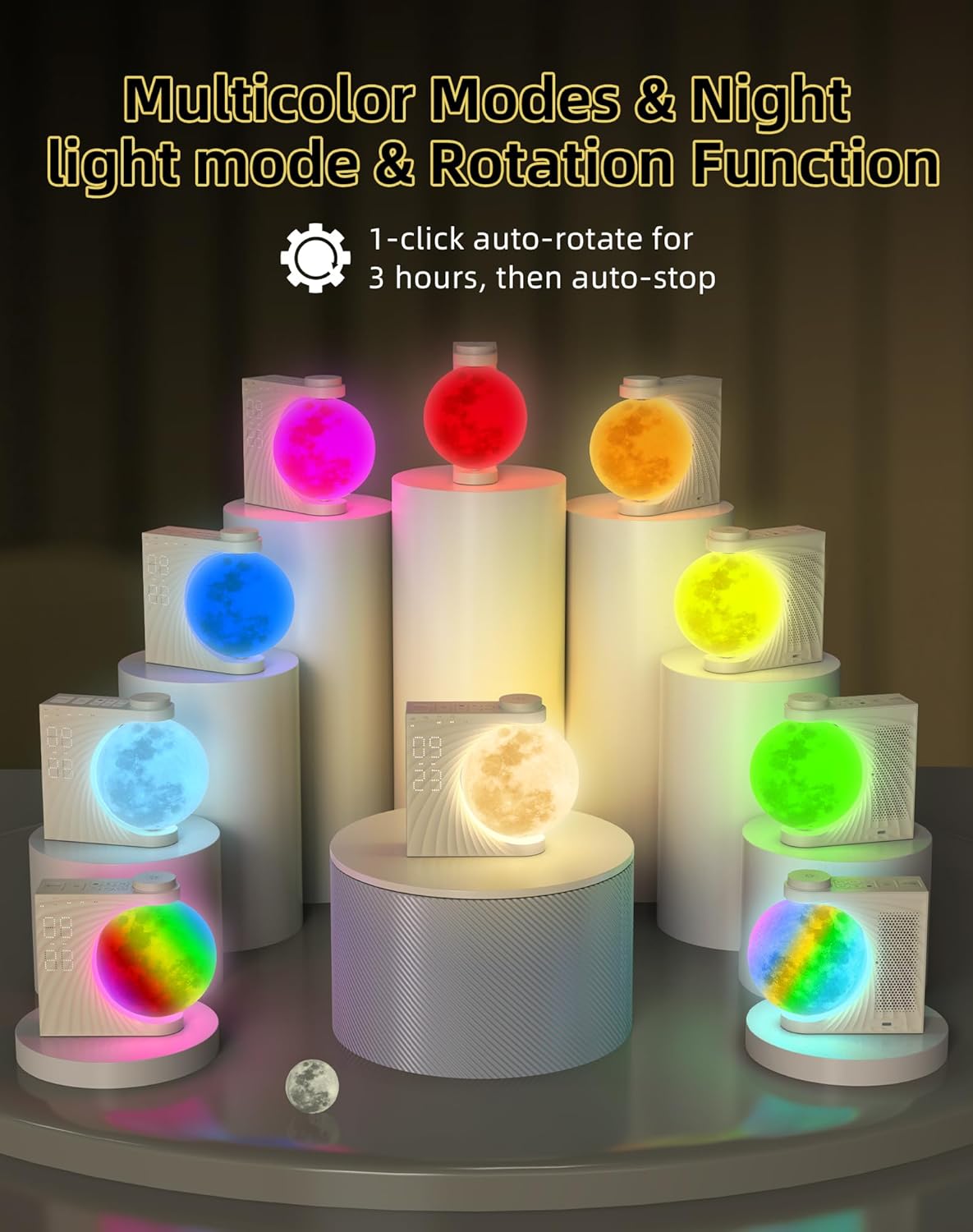 Colorful Moon Light Sunrise Alarm Clock Wake-Up Breathing Light 3-Speed Dimming Dual Alarm Sound Machine 10 Nature Sounds 8 Colors